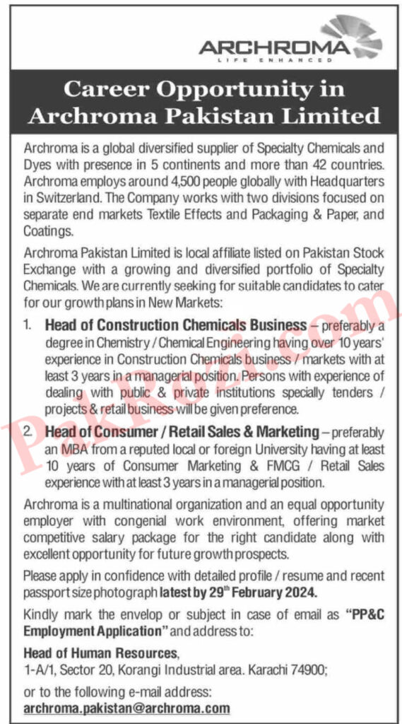 Explore Job Opportunities at Archroma Pakistan Limited.